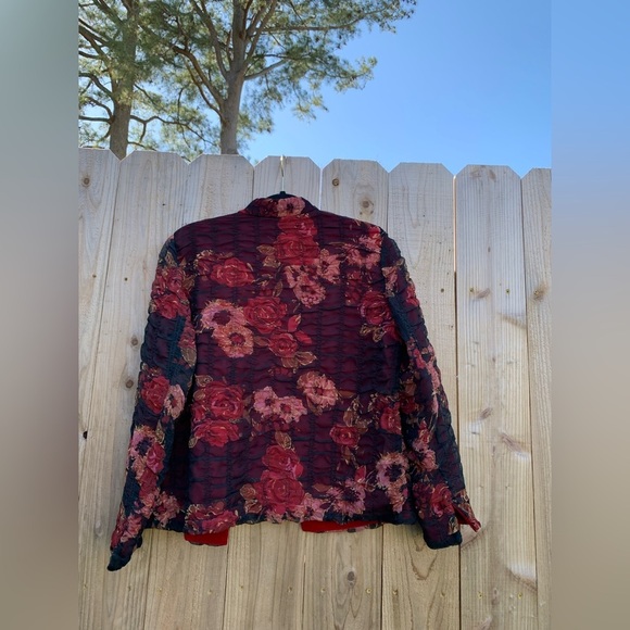 Coldwater Creek Floral Sheer-Overlay Open Front Jacket black‎ red petite medium - Picture 6 of 6